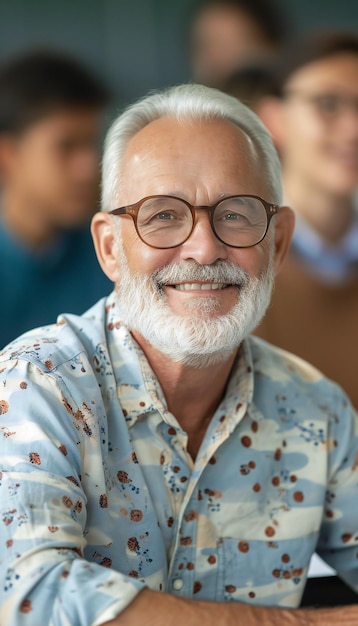 Un anziano sorridente che partecipa in classe