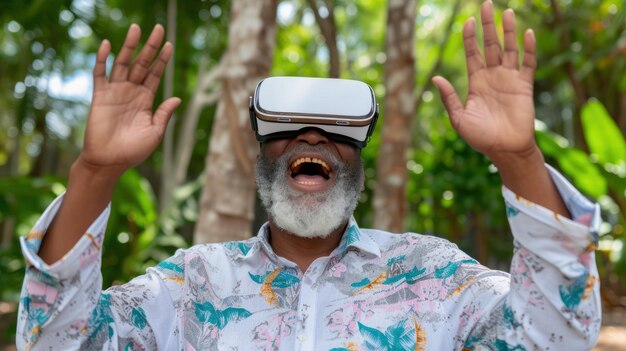 Un anziano uomo d'affari afroamericano immerso nella tecnologia della realtà virtuale mentre sta in piedi