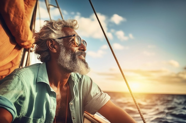 Un anziano uomo dai capelli grigi siede su una barca o uno yacht nell'oceano Guardando in lontananza le onde Il viaggio per mare di un vecchio