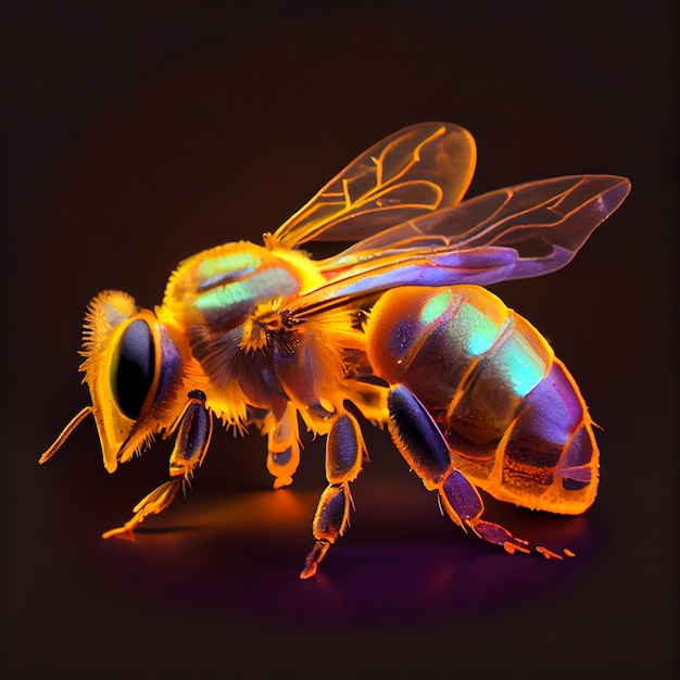 Un'ape al neon è mostrata con uno sfondo nero.
