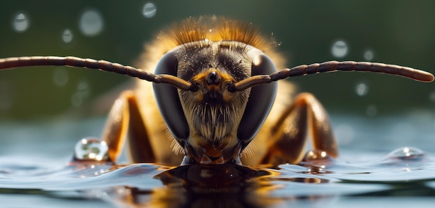 Un'ape beve acqua da uno stagno.