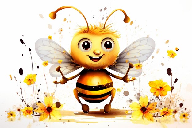 Un'ape carina allegra con il miele in una cornice di fiori