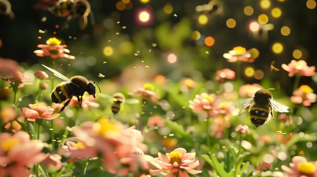 Un'ape che impollina un fiore L'ape è circondata da una colorata sfocatura di fiori e foglie