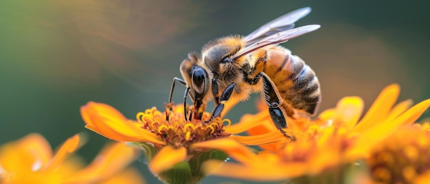 Un'ape che impollina un fiore luminoso danza la vita essenziale