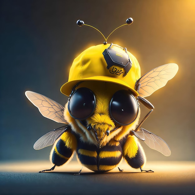 Un'ape che indossa un cappello giallo con sopra la scritta lg.