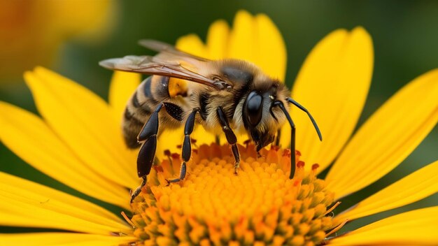 Un'ape che si trova su un fiore giallo da vicino durante il giorno