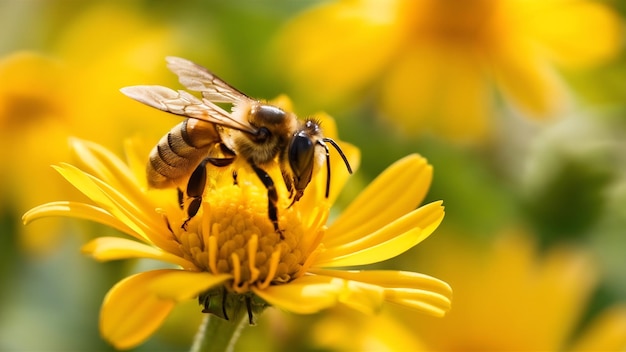 Un'ape che si trova su un fiore giallo da vicino durante il giorno