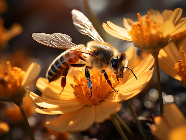 Un'ape che vola sopra un mazzo di fiori al tramonto