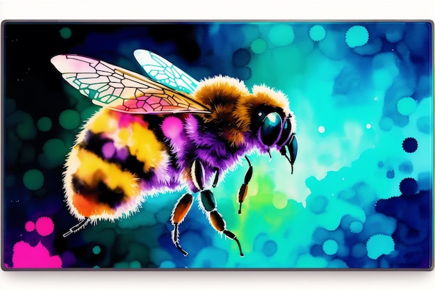 Un'ape colorata con uno sfondo blu e un'ape viola che vola in aria.