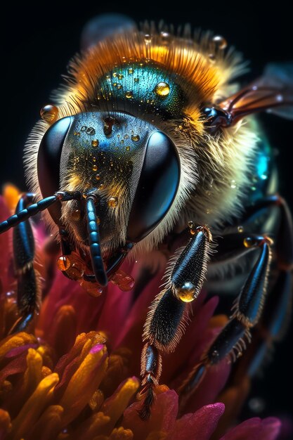 Un'ape con un mantello blu e giallo e uno sfondo nero