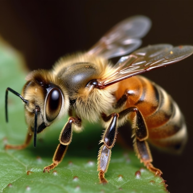 Un'ape dal mantello giallo e nero ha una striscia nera sul petto.