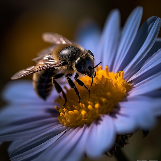 Un'ape è su un fiore blu con un centro giallo.