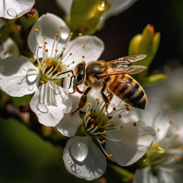 Un'ape è su un fiore con sopra la parola miele.