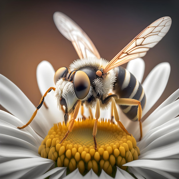 Un'ape è su un fiore con un centro giallo.