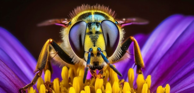 Un'ape è su un fiore con uno sfondo viola.