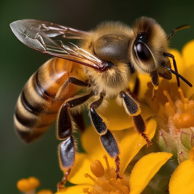 Un'ape è su un fiore giallo con una striscia nera.