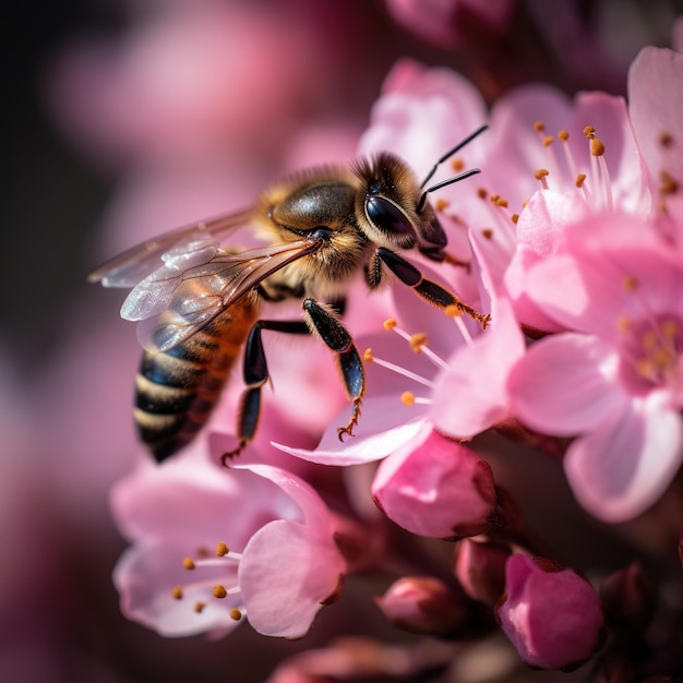 Un'ape è su un fiore rosa con un fiore rosa sullo sfondo.