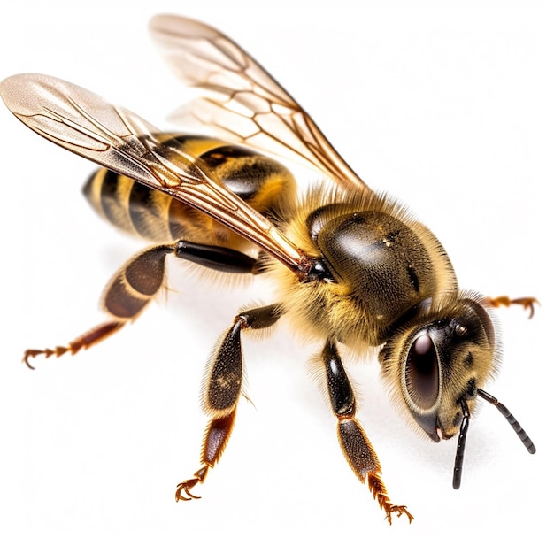 Un'ape giace su una superficie bianca con le ali spiegate.