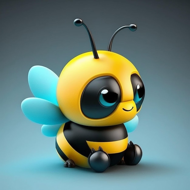 Un'ape giocattolo con una coda blu si siede su uno sfondo grigio.