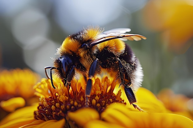 Un'ape mellifera che raccoglie il nettare da un fiore giallo