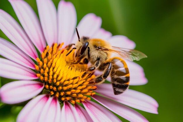 Un'ape mellifera impegnata impollina diligentemente il petalo di un fiore in primo piano