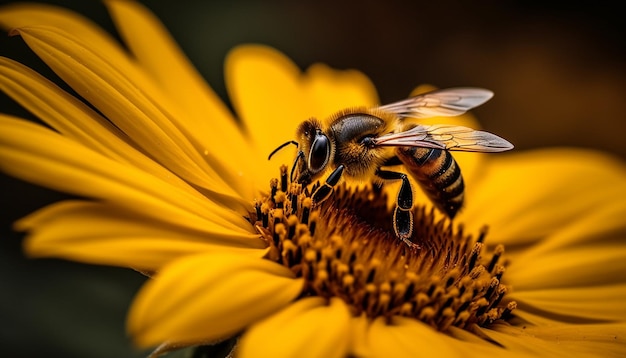 Un'ape mellifera indaffarata che lavora su un'IA generativa di girasole giallo vibrante