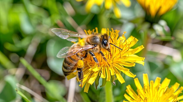 Un'ape mellifera raccoglie il nettare dai fiori di dente di leone gialli generati dall'AI