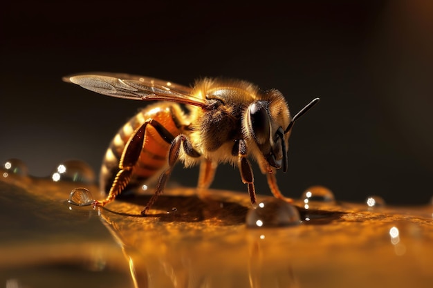 Un'ape mellifera seduta su una superficie bagnata e raccoglie il miele Macro dettagliata ape mellifera con ali realistiche Vista macro di un'ape mellifera con pelliccia Insetto seduto con gocce d'acqua attorno ad esso IA generativa