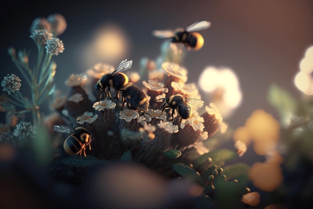 Un'ape raccoglie il miele sui fiori sulla natura Primo piano di un'ape che alimenta il nettare Prato estivo fiorito multicolore Prato di fiori selvatici in fiore lussureggiante dorato con erbe e fiori selvatici