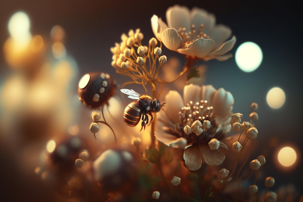 Un'ape raccoglie il miele sui fiori sulla natura Primo piano di un'ape che nutre il nettare Prato estivo fiorito multicolore Prato di fiori selvatici in fiore lussureggiante dorato con erbe e fiori selvatici