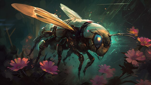 Un'ape robotica che impollina un fiore geneticamente modificato Concetto di fantasia Pittura illustrativa AI generativa