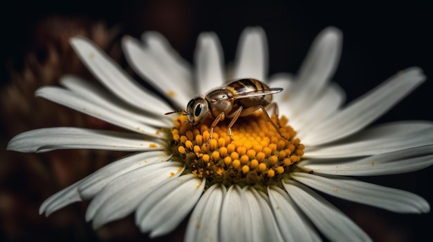 Un'ape si siede su un fiore con uno sfondo nero.