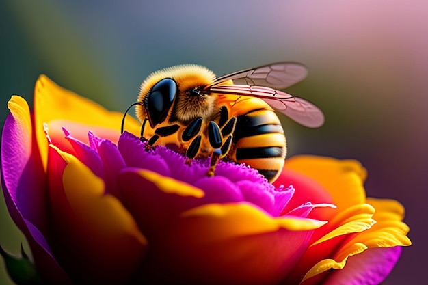 Un'ape si siede su un fiore con uno sfondo rosa.