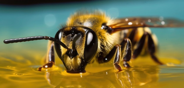 Un'ape sta bevendo acqua da un liquido giallo.