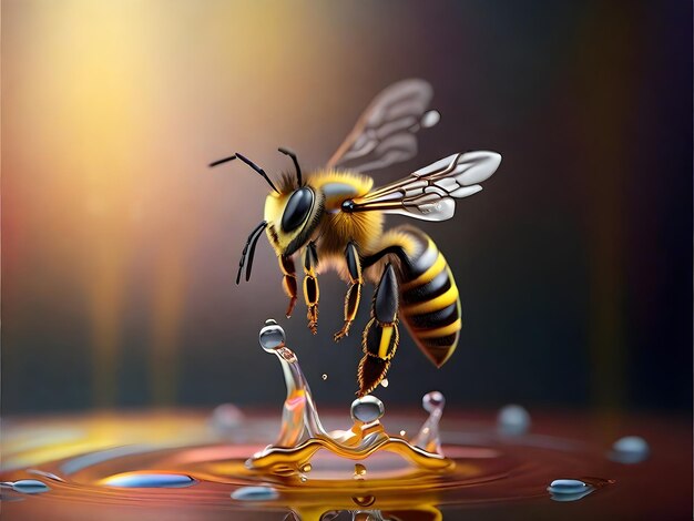 un'ape sta bevendo acqua da una goccia d'acqua che ha la parola miele su di essa
