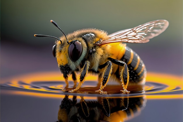 Un'ape sta bevendo acqua da una pozza d'acqua