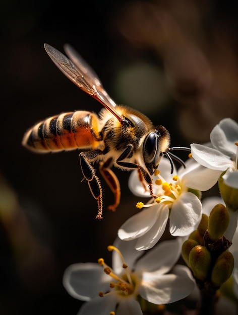 Un'ape sta mangiando un fiore con sopra la parola miele.