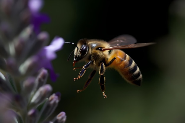 Un'ape sta volando davanti a un fiore viola.