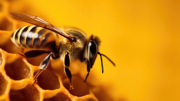 Un'ape su un alveare con uno sfondo giallo.