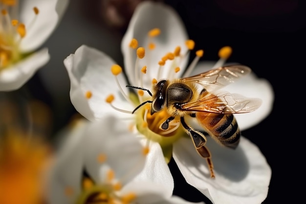 Un'ape su un fiore bianco raccoglie il polline Illustrazione dell'IA generativa