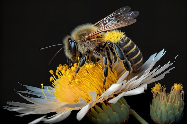 Un'ape su un fiore con un fiore giallo sullo sfondo