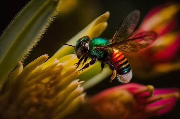 Un'ape su un fiore con una coda rossa e verde