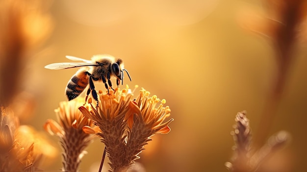 Un'ape su un fiore con uno sfondo giallo