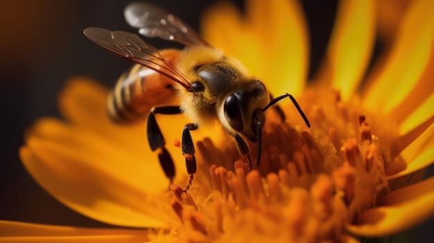 Un'ape su un fiore con uno sfondo nero