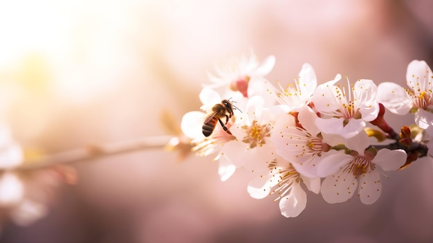 Un'ape su un fiore con uno sfondo rosa
