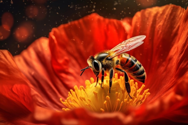 Un'ape su un fiore con uno sfondo rosso