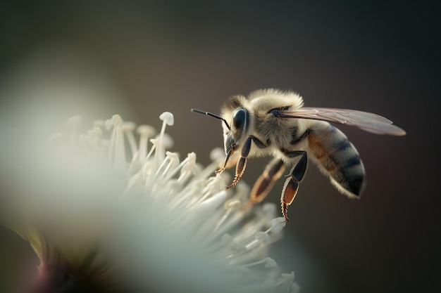 Un'ape su un fiore con uno sfondo sfocato