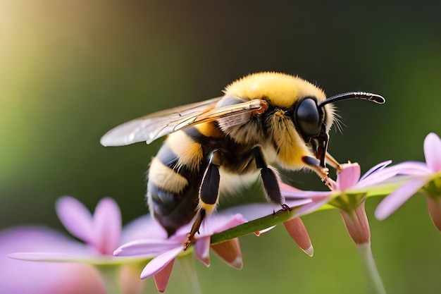 Un'ape su un fiore con uno sfondo sfocato