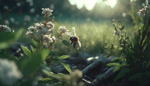 Un'ape su un fiore in un campo