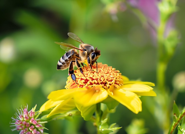 Un'ape su un fiore nel giardino verde estivo in una giornata di sole